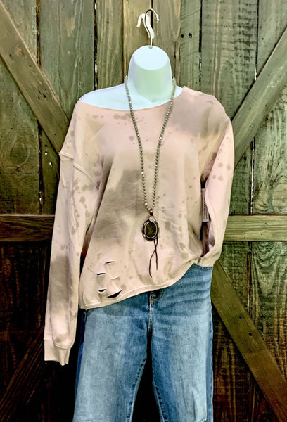 Distressed Wide-Neck Sweatshirt